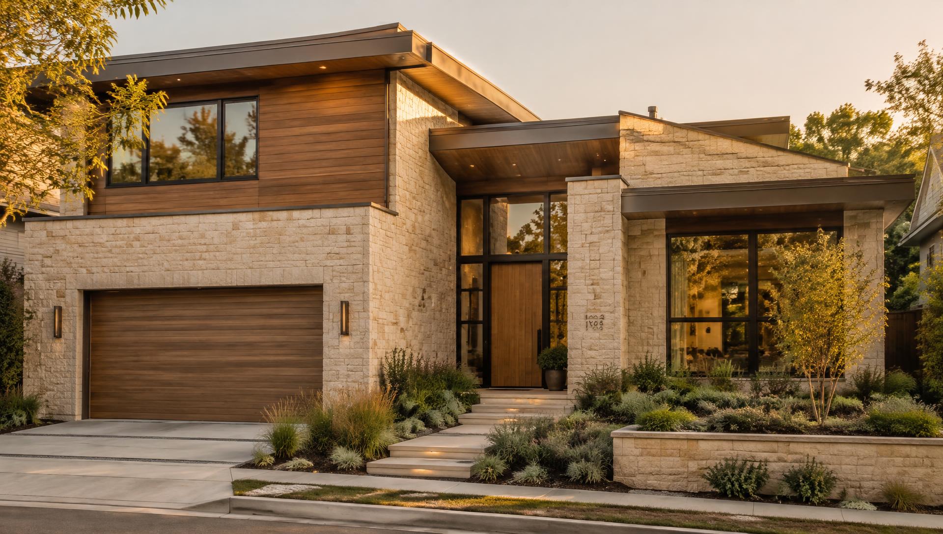 Modern stone and wood residential home