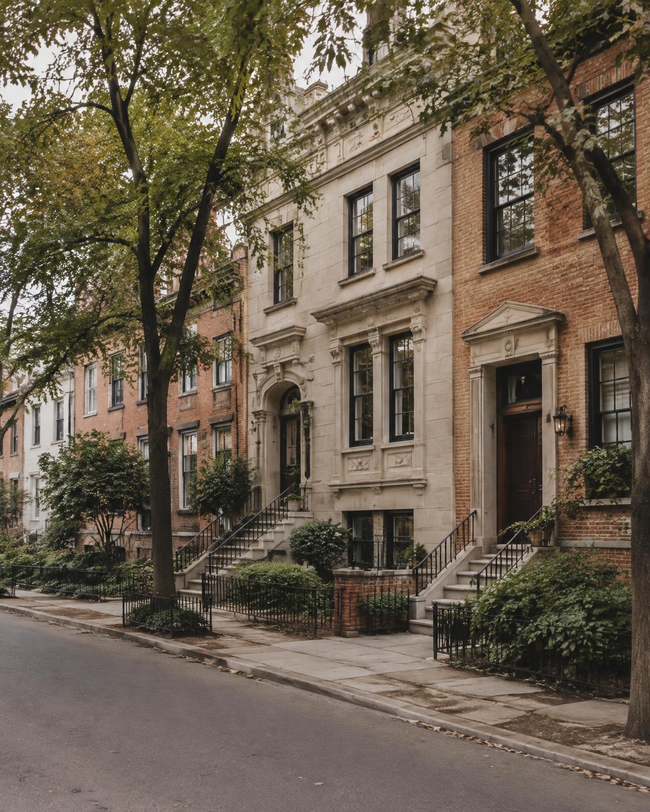 Tree-lined street of residential townhouses